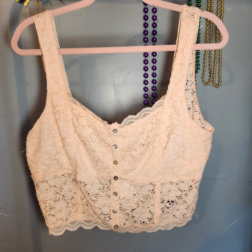 Lace Button-Front Crop Bralette - Cream